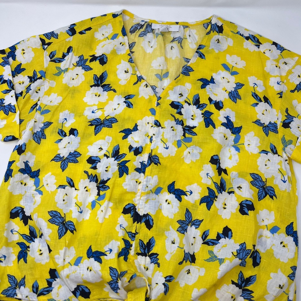 Charter Club Luxury Linen Yellow Floral Tie Front V-Neck Top Women's Size Medium